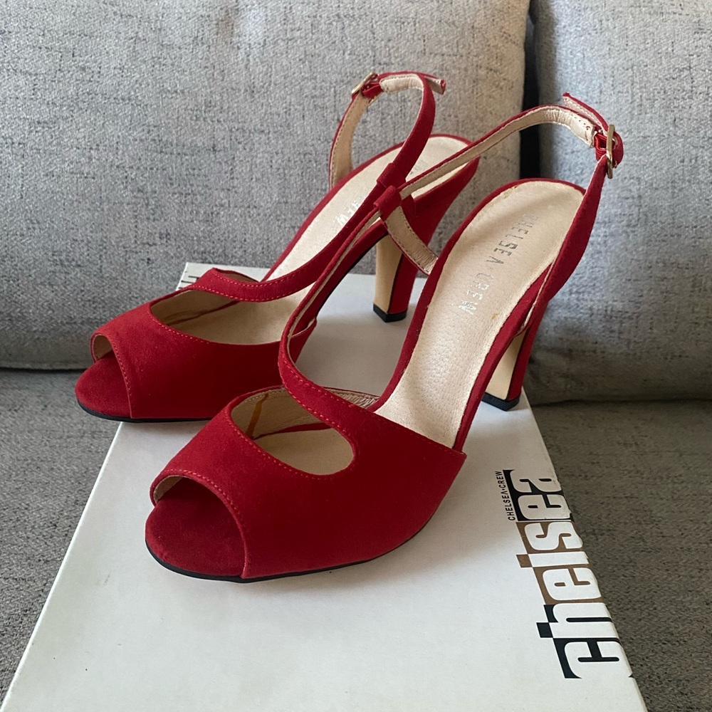 Chelsea Crew Red Peep-Toe Heels
